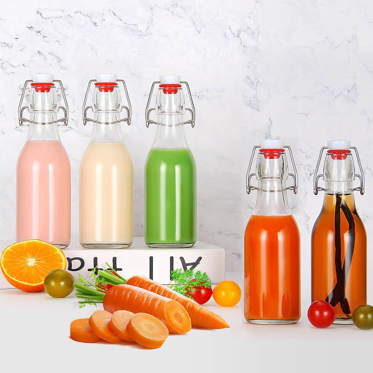 YEBODA 8 oz Clear Swing Top Glass Bottles with Airtight Lids, 9 Pack