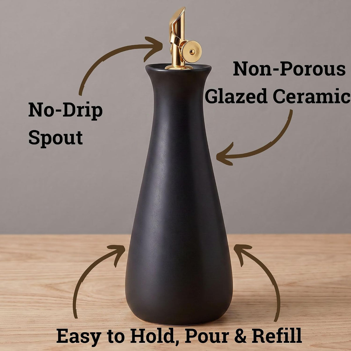 Ceramic Olive Oil Dispenser with Self-Closing Gold Spout, 530mL, Leakproof