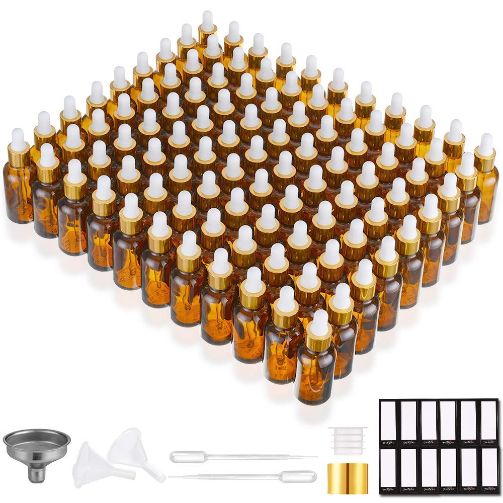 PrettyCare Glass Eye Dropper Bottles 24 Pack, 1oz (30ml) Clear Empty Thick Bottles Bulk with Leakproof Golden Caps - With Labels & Funnels for Storage, Travel, Essential Oils, Cuticle Oils, Tinctures