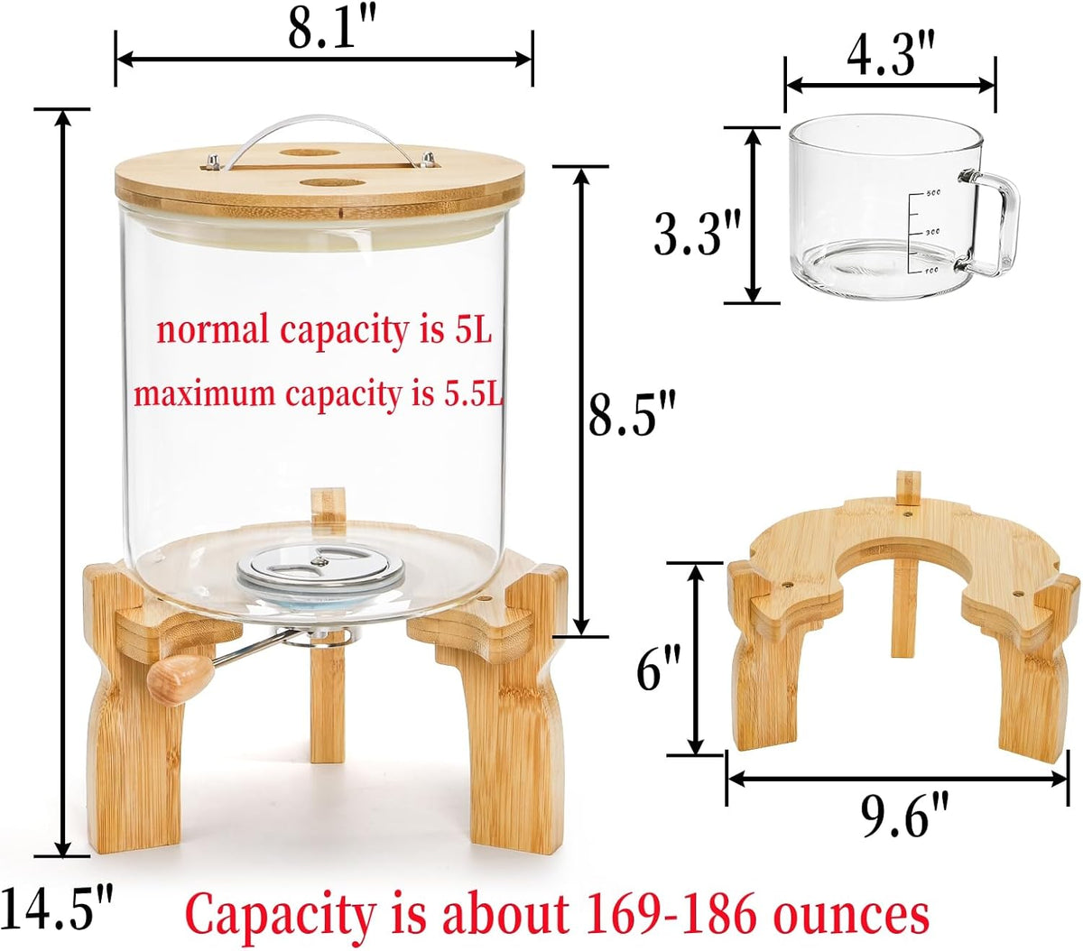 Goaste Glass Rice Dispenser with Bamboo Stand, 5L Flour Cereal Container with Airtight Lid, 8 Lbs Large Grain Food Storage Bucket, Countertop Beans Storage Tank with Measuring Cup & Valve for Dry Food