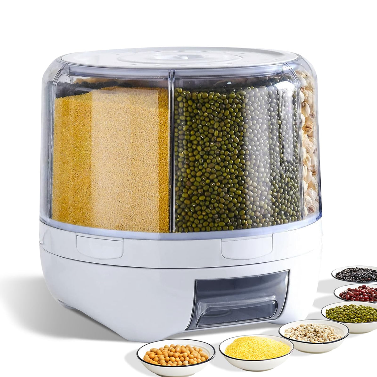 16lb Grain and Rice Storage Container, 360° Rotating 6 Grid Grain Dispenser