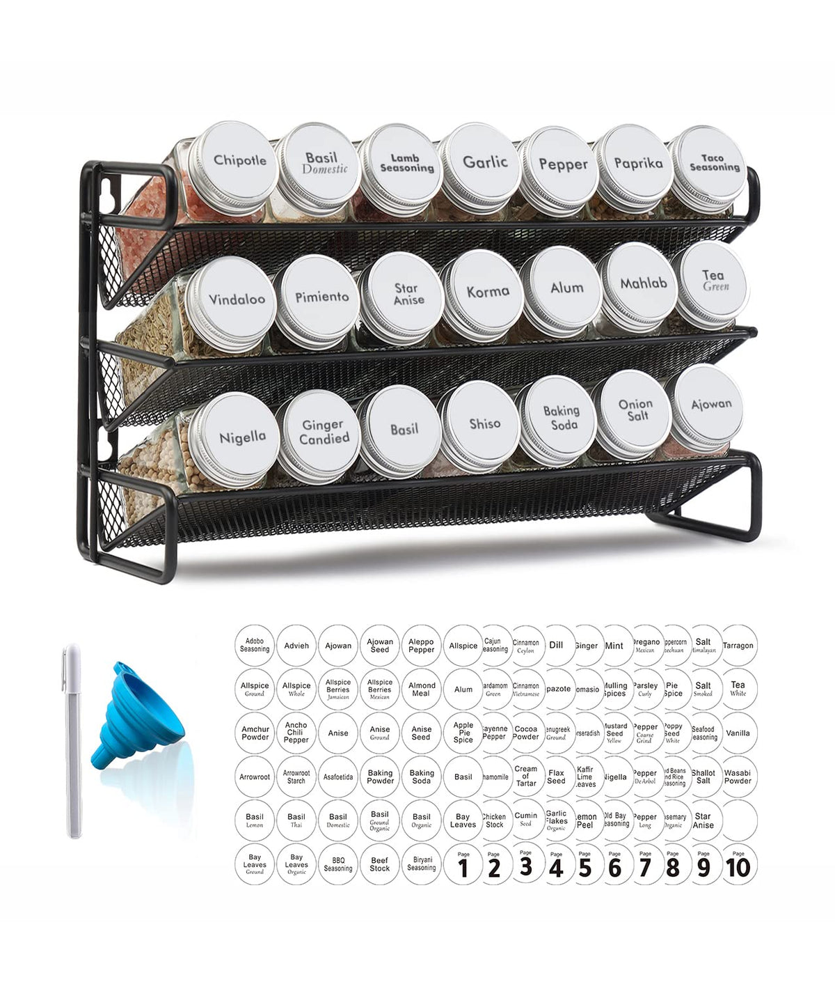 SpaceAid Spice Rack Organizer with 28 Spice Jars, 386 Spice Labels, Chalk Marker and Funnel Set for Cabinet, Countertop, Pantry, Cupboard or Door & Wall Mount - 28 Jars, 13.4" W × 10.8" H, Black