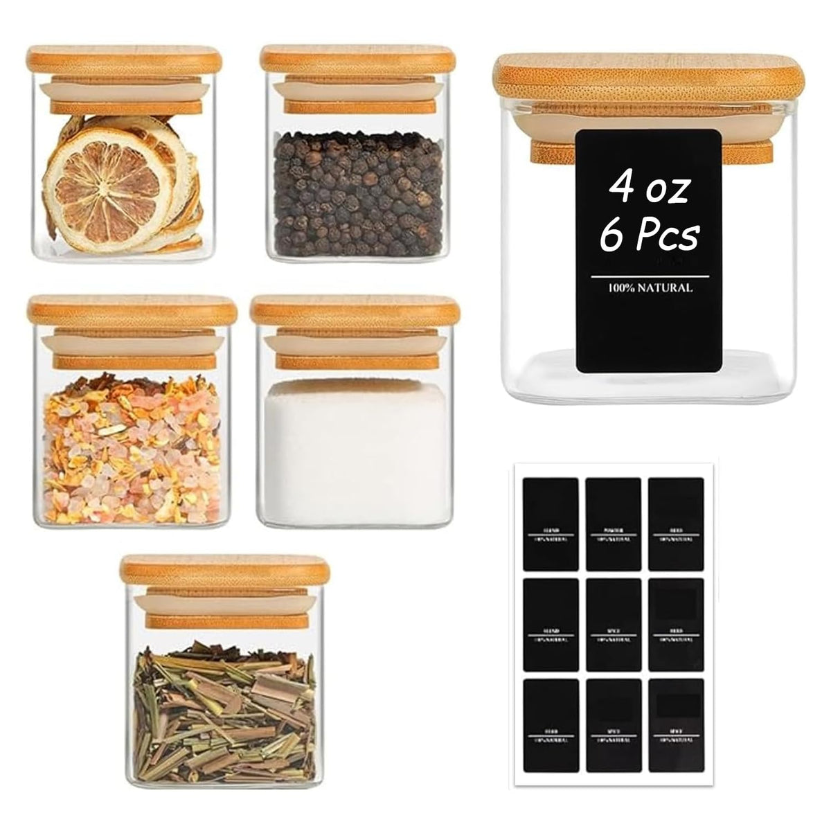 ComSaf Square Glass Spice Jars with Labels 8 oz 16 Pack with Bamboo Lids
