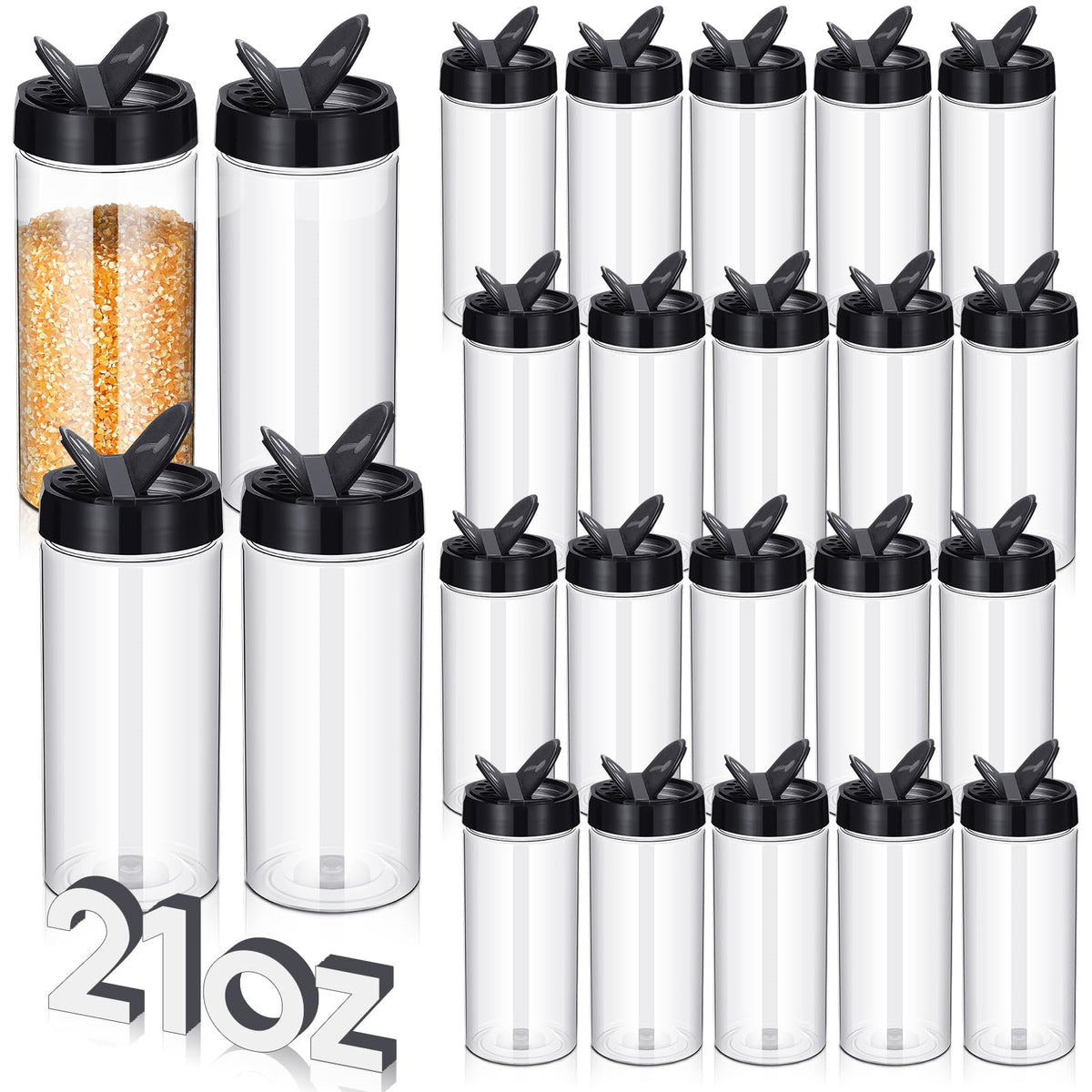 Zhehao 24 Pcs Plastic Spice Jars Clear Reusable Containers, 16 oz, Black