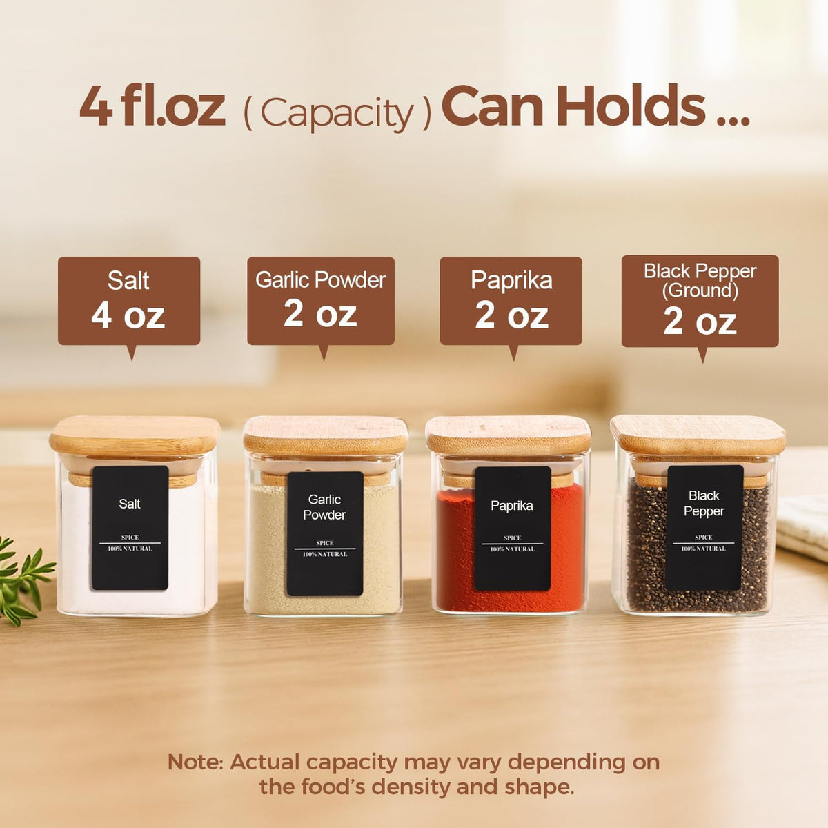 ComSaf Square Glass Spice Jars with Labels 4 oz 16 Pack with Bamboo Lids