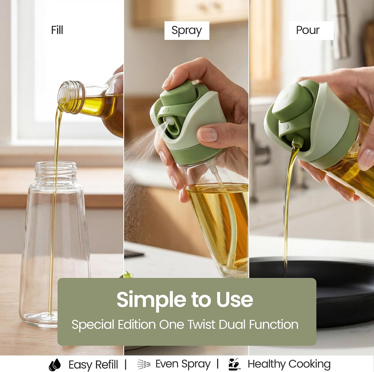 Olive Oil Dispenser for Kitchen 2-in-1 Pour and Spray | 11.5 oz / 340 ml | Glass Olive Oil Sprayer for Cooking, Airfryer, Salad & BBQ | Set of 2 Bottles, Green