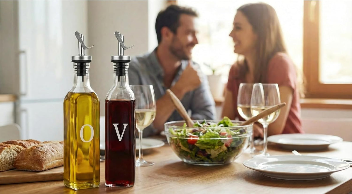 GREENOLIVE Olive Oil and Vinegar Dispenser Set - 17 oz. Glass Bottles with No-Drip BPA-Free Spouts - Stylish O and V Identifiers for Kitchen and Dining Use, Olive Oil Dispenser Bottle - Set of 2