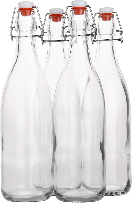 AYL Flip Top Glass Bottle [1 Liter / 33 fl. oz.] [Pack of 4] – Swing Brewing Bottle with Stopper for Beverages, Oil, Vinegar, Kombucha, Water, Soda, Kefir – Airtight Lid & Leak Proof Cap – Clear