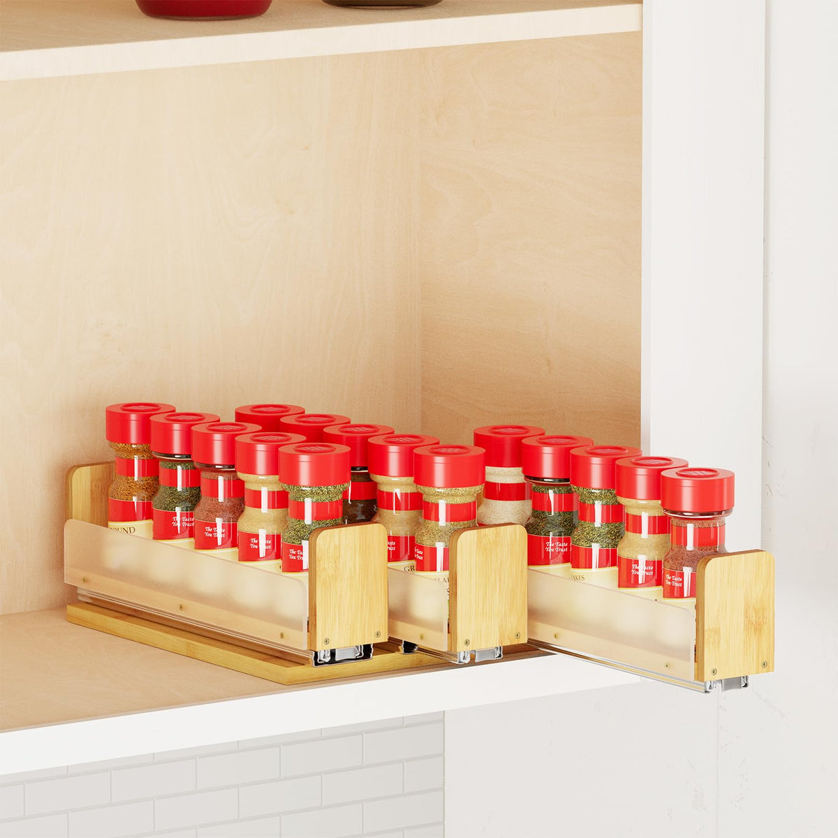 SpaceAid Bamboo Pull Out Spice Rack Organizer for Cabinet, Heavy Duty Slide Out Seasoning Kitchen Pantry Sliding Vertical Organization, 7.6" Wide, 3 Drawers(2" Wide), 2-Tier, Natural