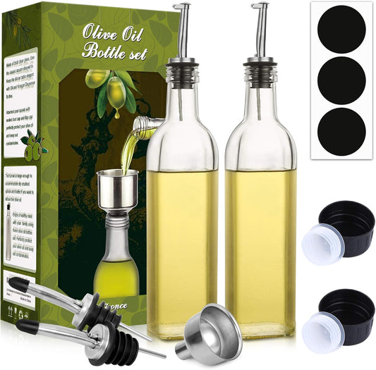 AOZITA [2 PACK] 17 oz Glass Olive Oil Dispenser Bottle Set - 500ml Clear Oil & Vinegar Cruet Bottle with Pourers, Funnel and Labels
