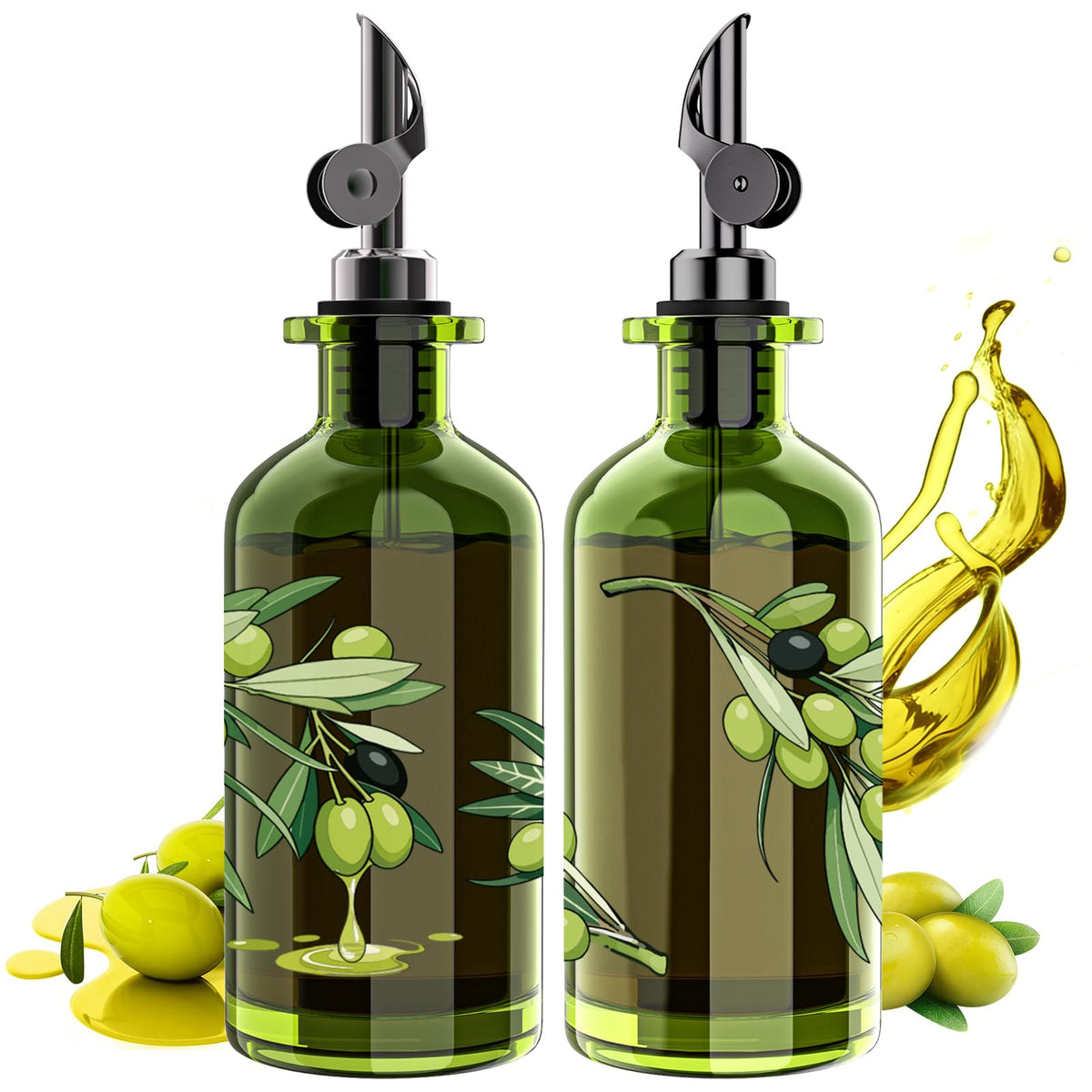 COOLMI Olive Oil Dispenser Set of 2, Dark Green Glass Bottles, 12 oz