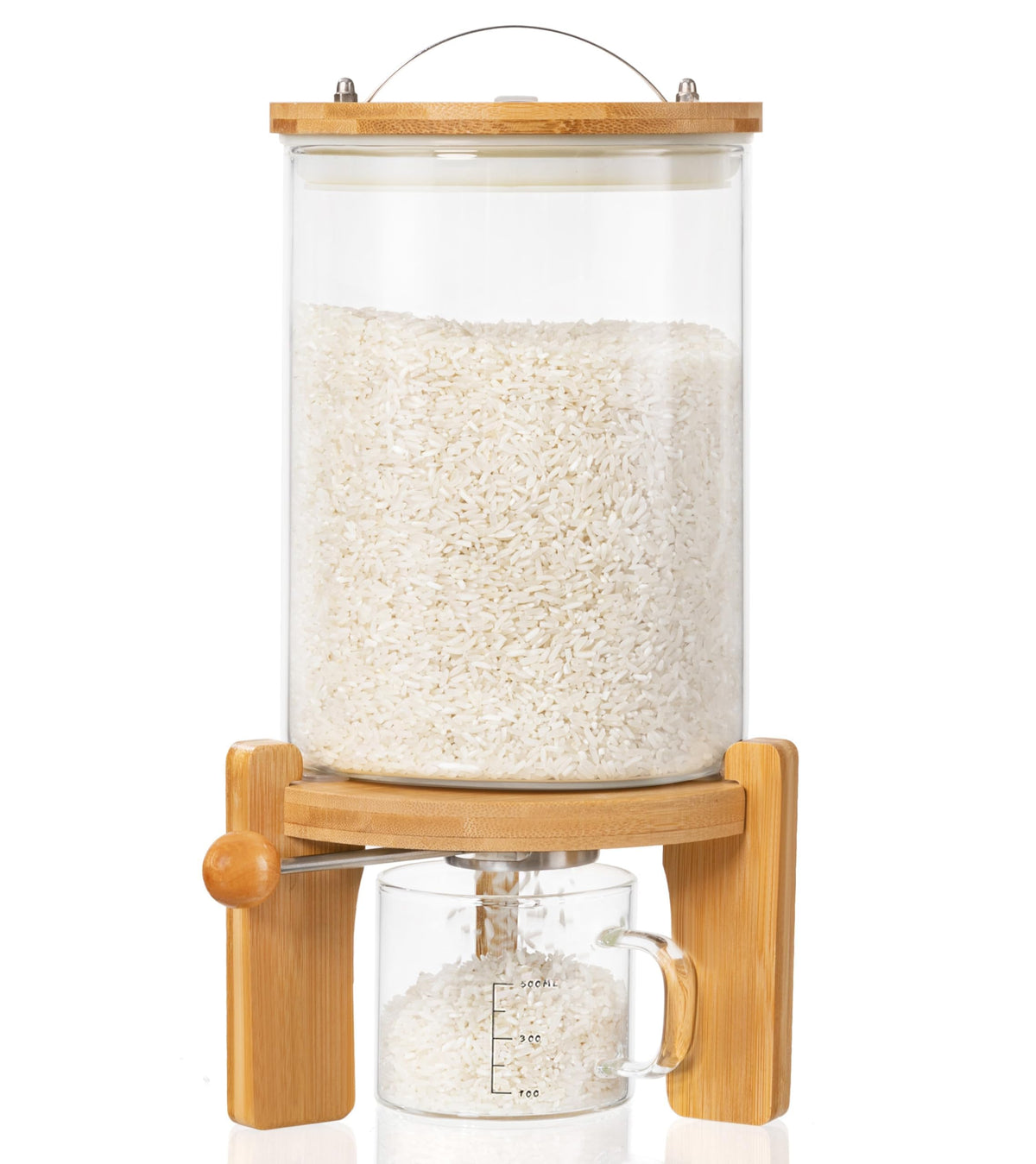 HBlife 8-10 Lbs Glass Rice Dispenser with Wooden Stand Flour and Cereal Container with Glass Measuring Cup Pantry Food Organization Storage Bin with Airtight Bamboo Lid, 5L