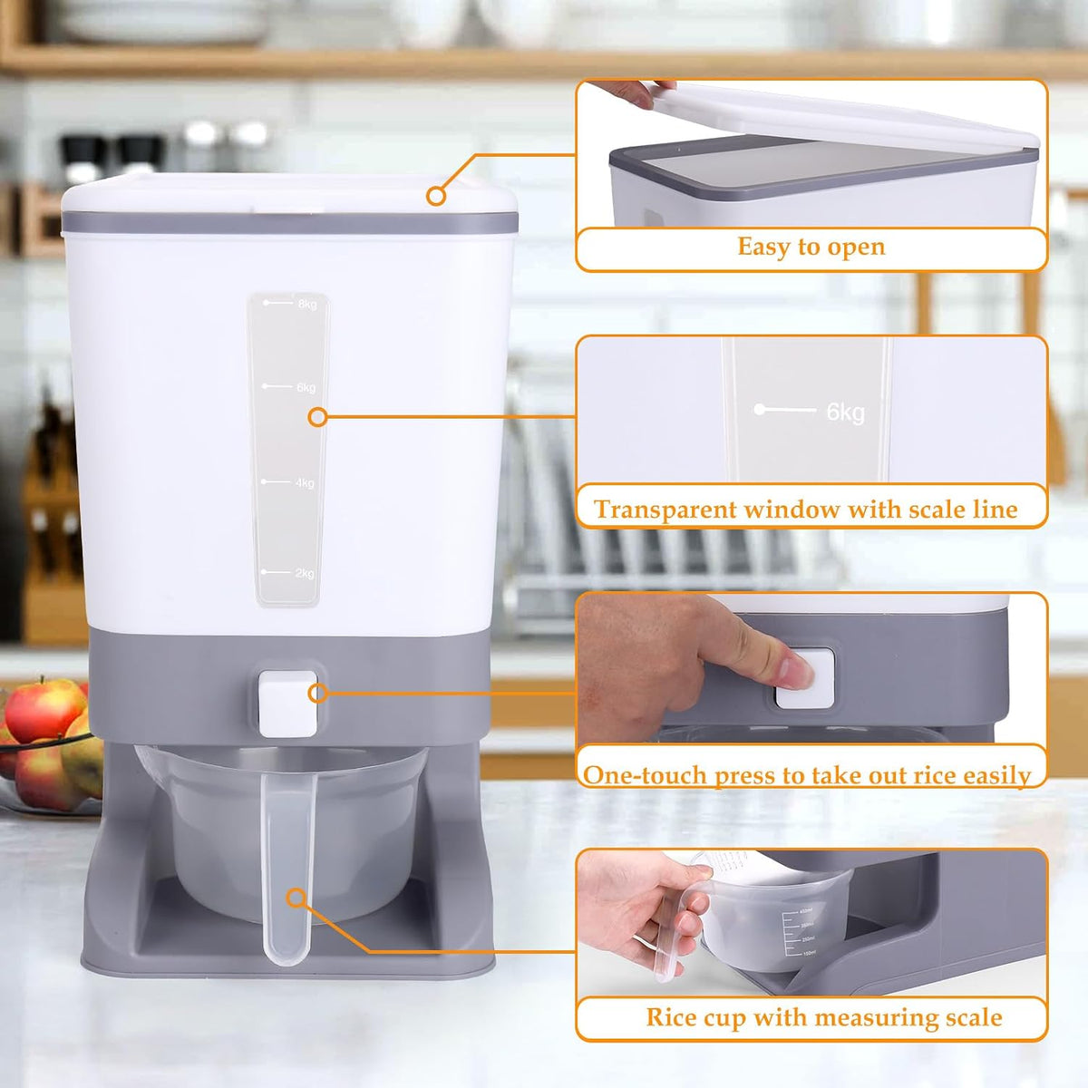 Juome 20-25 Lbs Rice Dispenser with Moisture Absorbing Clay - Large Rice Storage Container with Measuring Cup, Sealed Food Storage Containers with Lids, Rice Holder for Kitchen Pantry Household