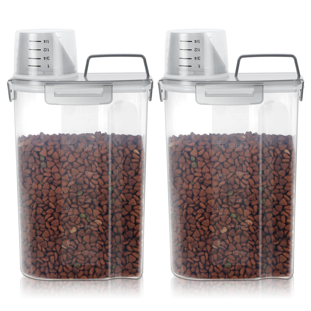 LEAWALK 3-5Lbs/3Qt Dog Cat Food Storage Container With Foldable Bowl., Plastic Pet Food Dispenser for Small Animal Kibble/Pet Food/Bird Seed/Oatmeal/Rice/Flour/Brown Sugart/Cereals (Clear Grey)