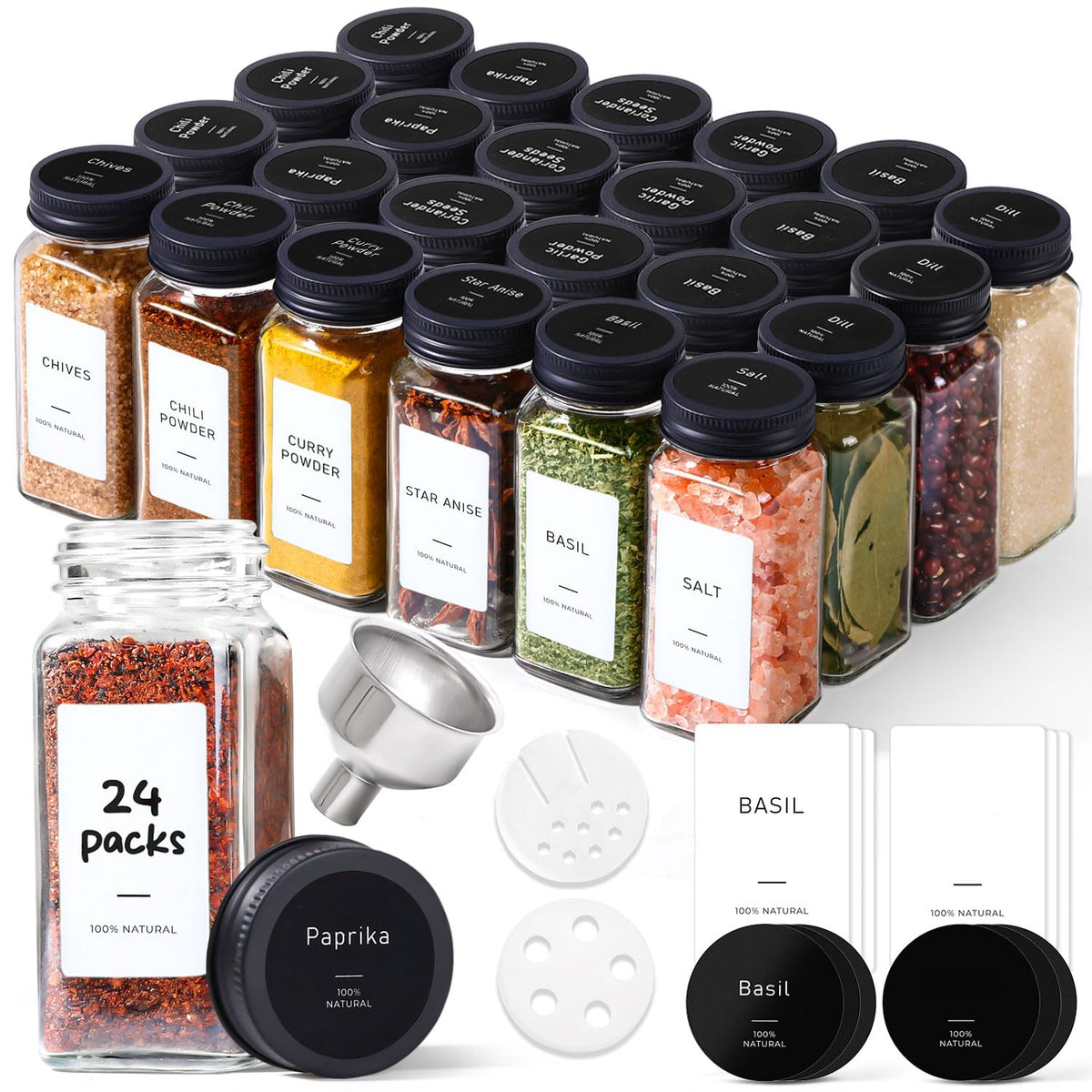 ComSaf Glass Spice Jars with with Labels 4 oz 24 Pack Bamboo Lids Bulk Set