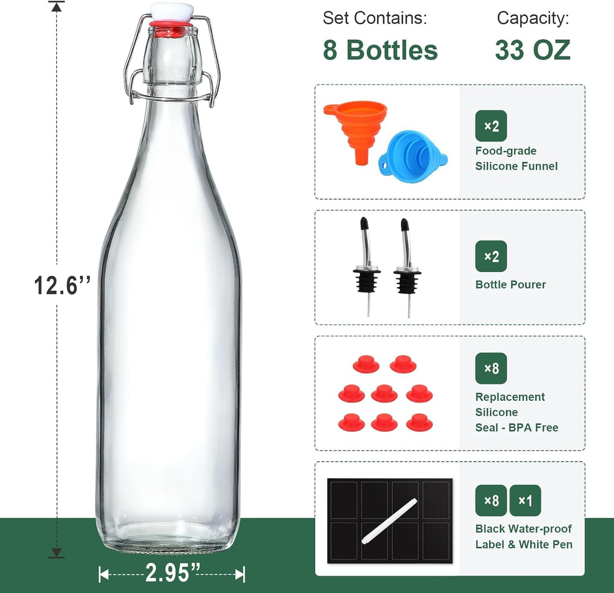 8 PACK [1 Liter/33 fl. oz.] Swing Top Glass Bottles w/ 2 Funnels & Pourers