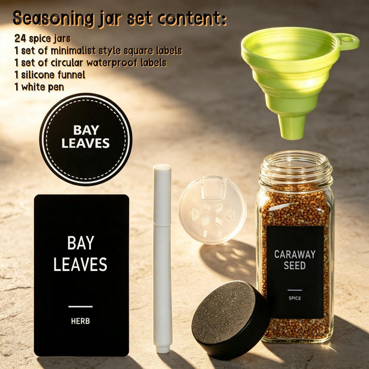 24 Spice Jars with Label, Glass Spice Bottles With Shaker Lids
