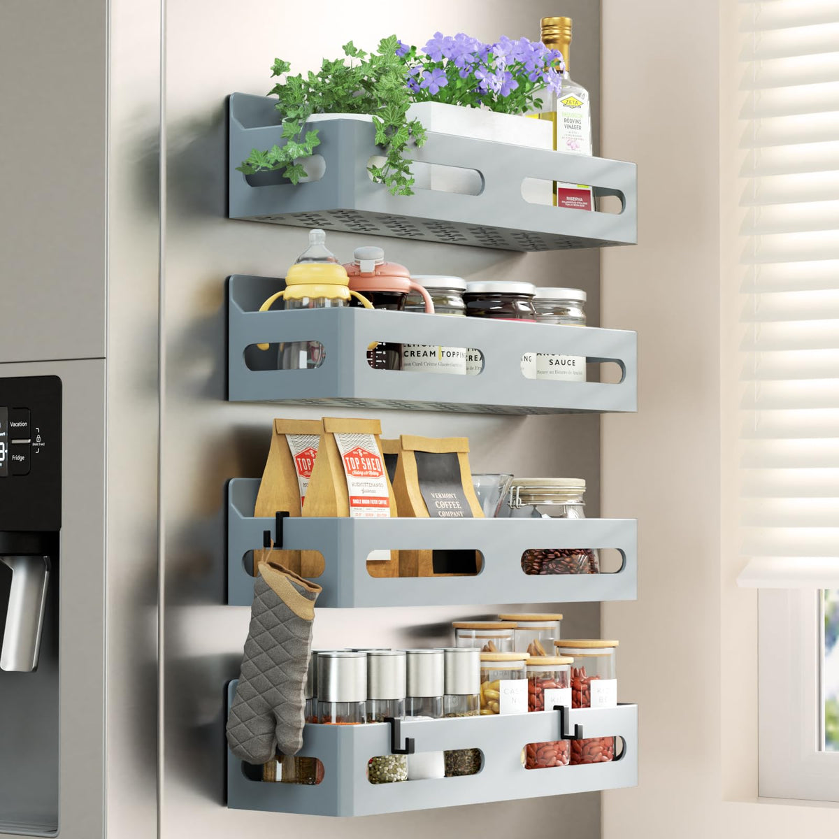 Sevenblue 4-Pack Magnetic Spice Rack for Refrigerator with Hooks, Black