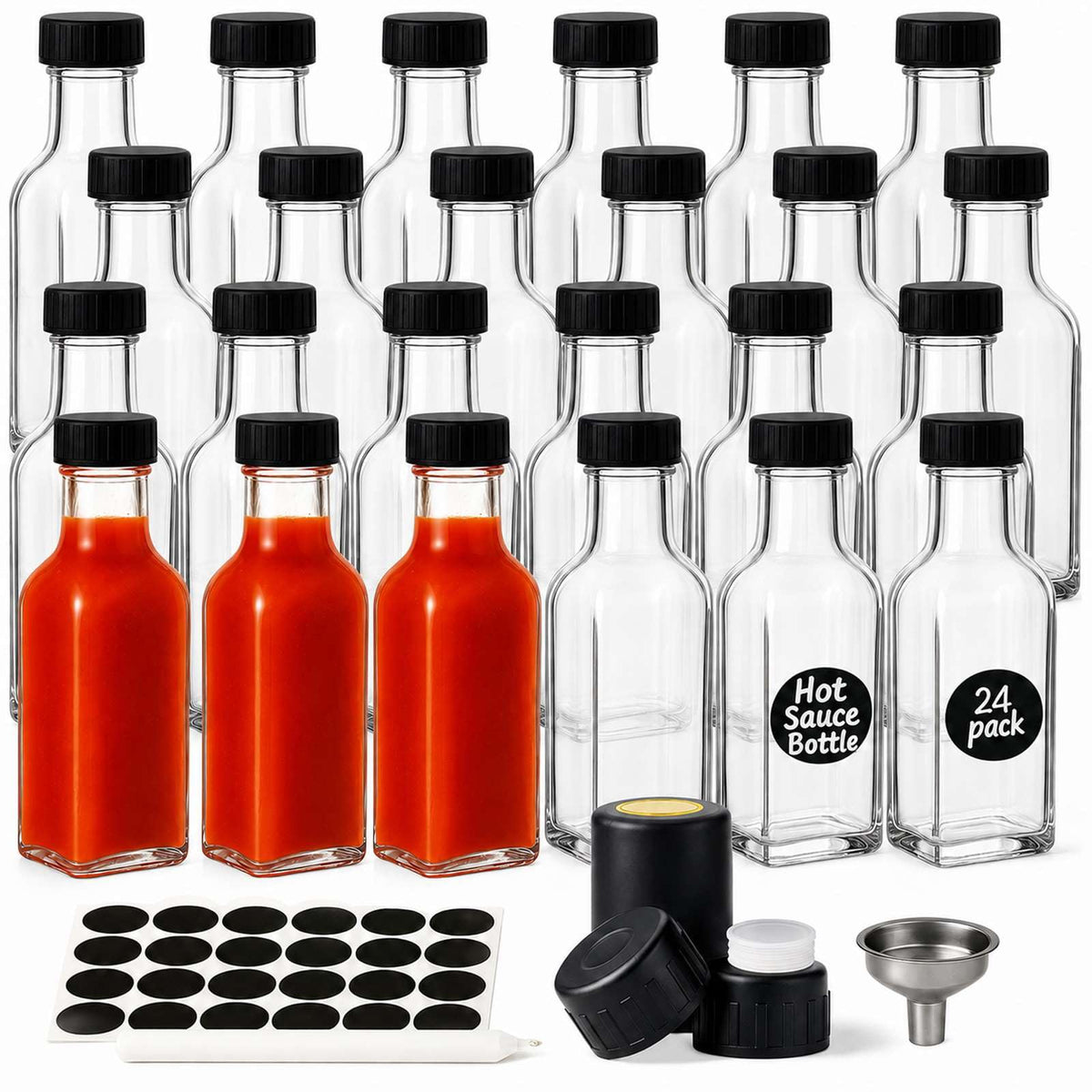 WERTIOO Hot Sauce Bottles 18Pack 8.5oz Square Glass Sauce Bottles with Lids