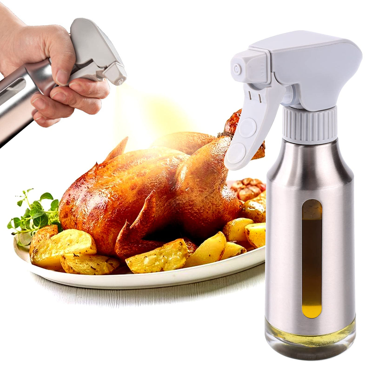 Oil Sprayer for Cooking,Stainless Steel Olive Oil Mister for Air Fryer Black Nozzel Dispenser Bottles Fat Reduction Glass Oil Control Spray Pot 6.35oz(180ml) Capacity