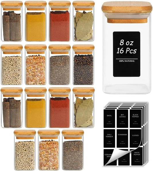 ComSaf Square Glass Spice Jars with Labels 8 oz 16 Pack with Bamboo Lids
