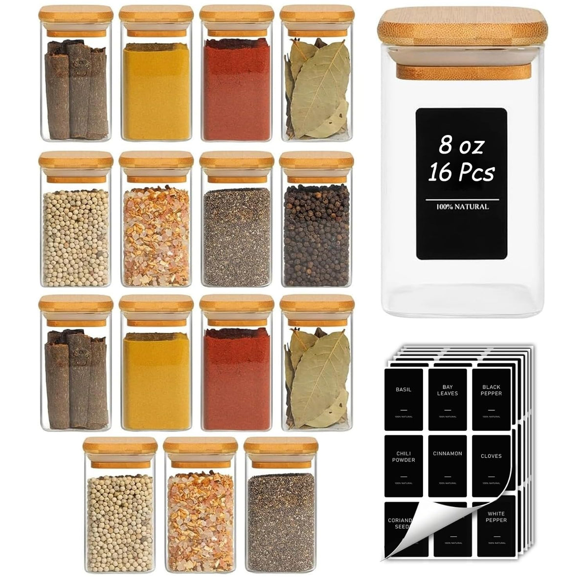 ComSaf Square Glass Spice Jars with Labels 8 oz 16 Pack with Bamboo Lids