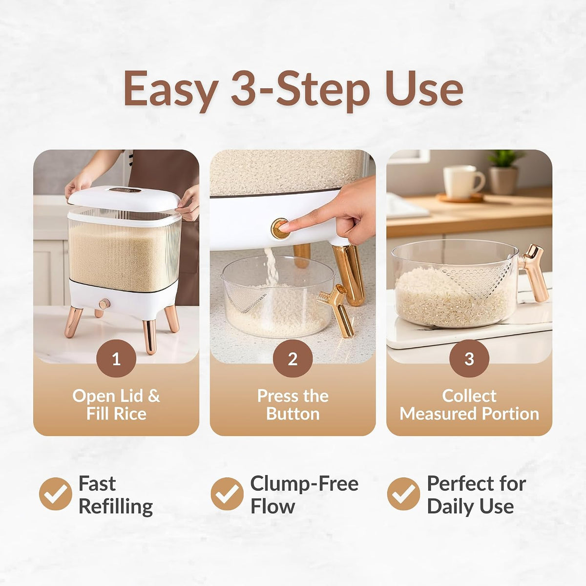 FromUS2U Rice Container, 25 Lbs Airtight Grain Dispenser, Large Cereal Dispenser Countertop for Kitchen Space-Saving Food Bin with Easy Pour Design for Pantry Organization