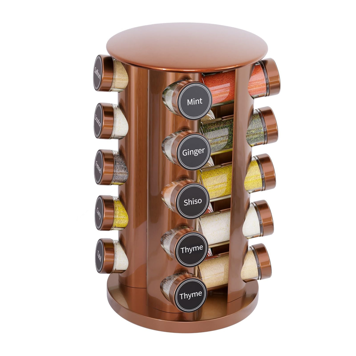 Revolving Spice Rack Set with 20 Spice Jars, Kitchen Spice Tower Organizer for Countertop or Cabinet -- Carousel Storage Includes 386 Spice Labels -- Desktop Rotating Seasoning Organizer