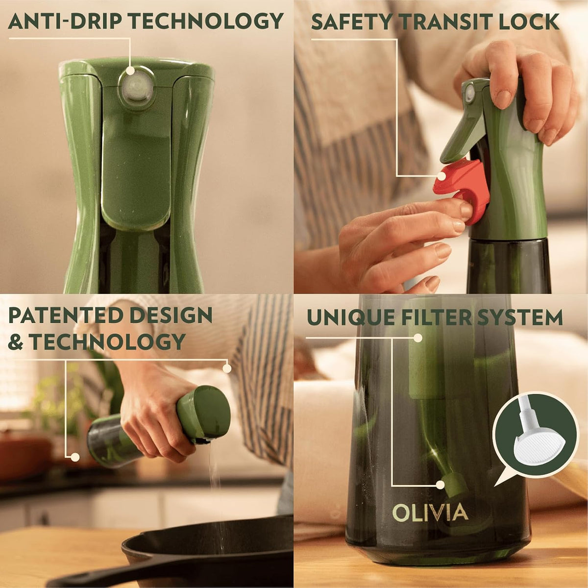 FLAIROSOL OLIVIA SIGNATURE Oil Sprayer for Cooking, 200ml Glass, Green/Gold