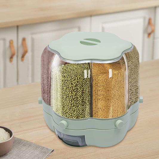 6 Grids Rice & Grain Storage Container Rice Dispenser 360° Rotating Food Dispenser Grain Dispenser One-Button Pressing Storage Bucket for Grains Snacks Candy Coffee Beans Dog