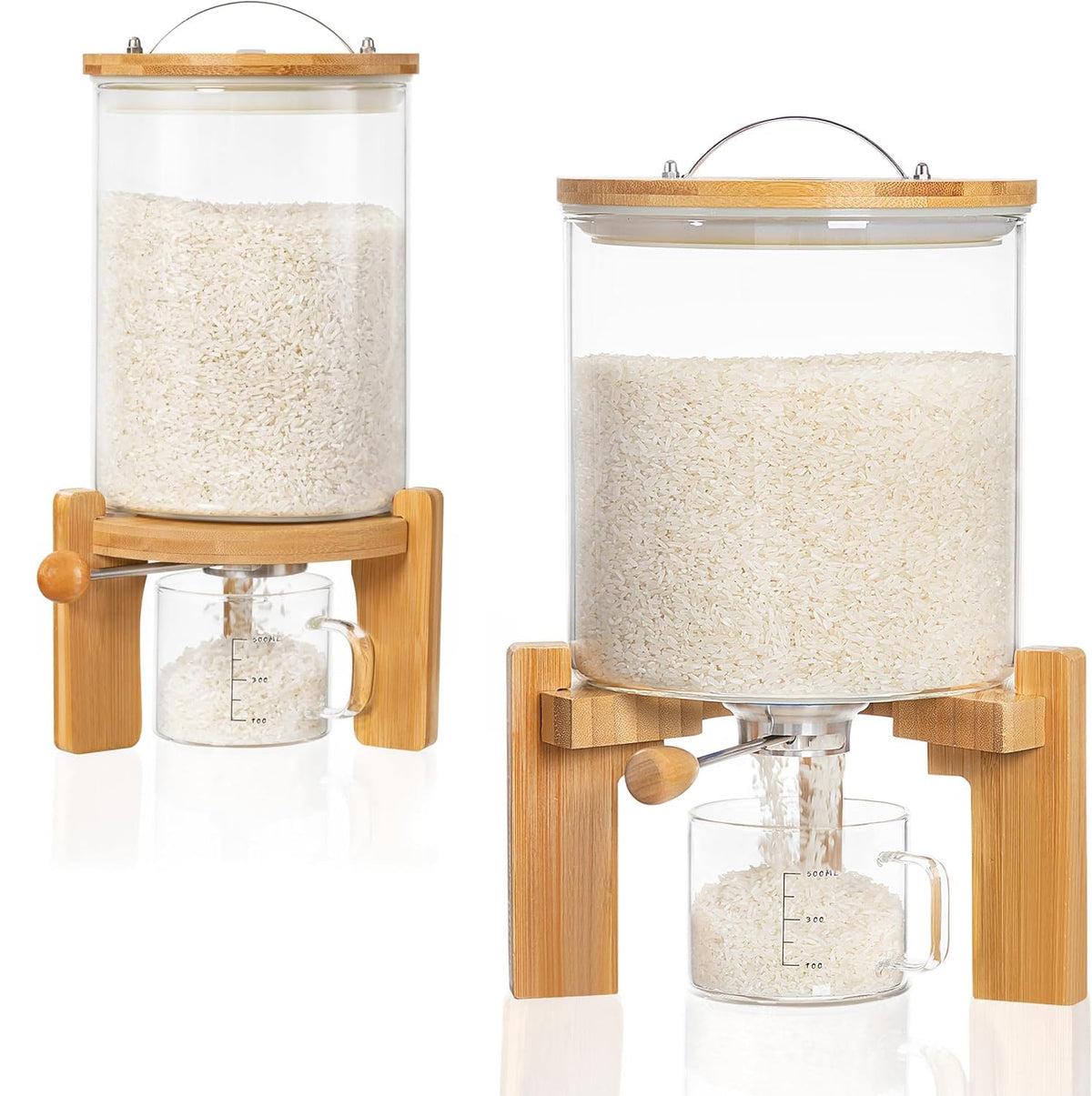 HBlife 8-10 Lbs Glass Rice Dispenser with Wooden Stand Flour and Cereal Container with Glass Measuring Cup Pantry Food Organization Storage Bin with Airtight Bamboo Lid, 5L
