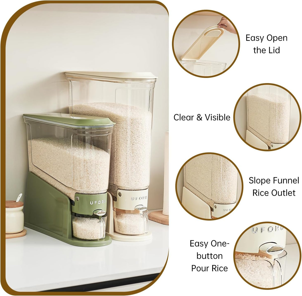 UFORU Slim Rice Dispenser 11 LB,Clear Rice Storage for Small Spaces
