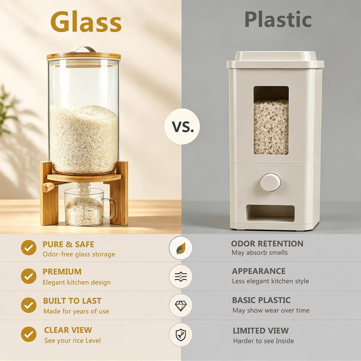 Glass Rice Dispenser, Airtight Rice Storage Container with Measuring Cup
