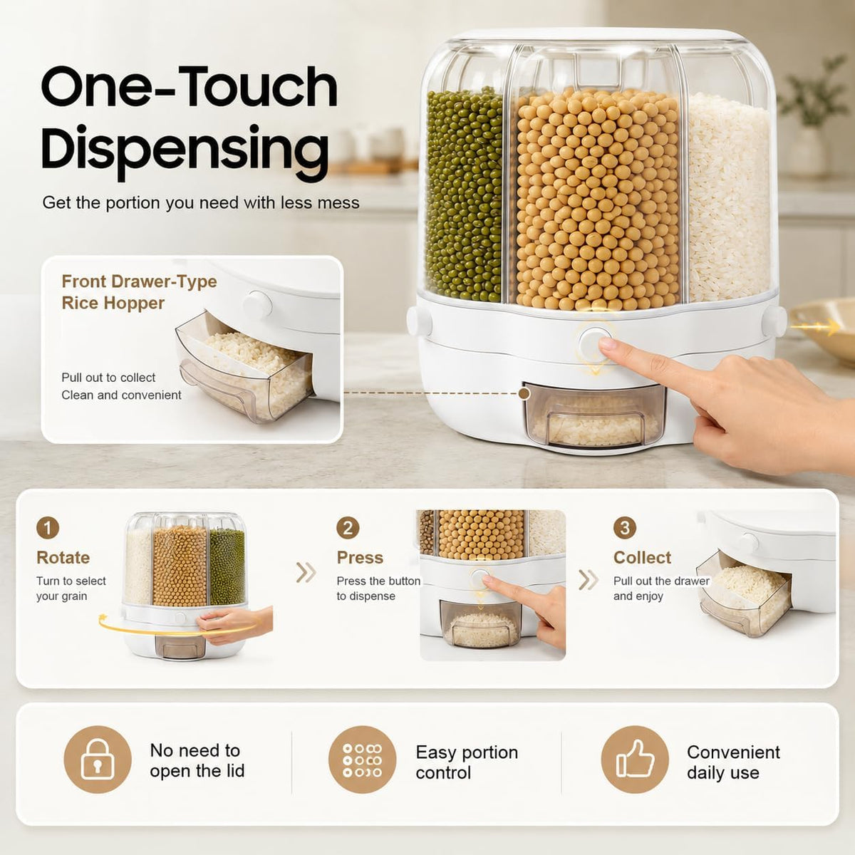 6-Compartment Rotating Rice Dispenser, 27lbs Storage Container for Dry Food