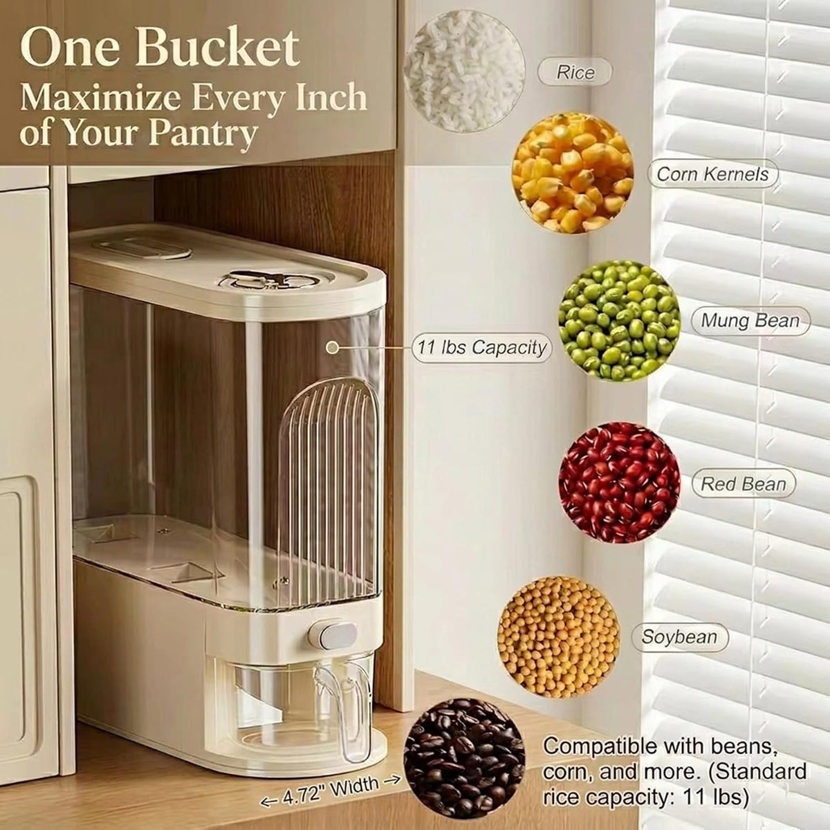 Slim Rice Dispenser with Manual Date Tracker, 11 Lbs Large Grain Storage Container for Kitchen Gap, 4.72" Wide Narrow Rice Bin with Measuring Cup, Beige