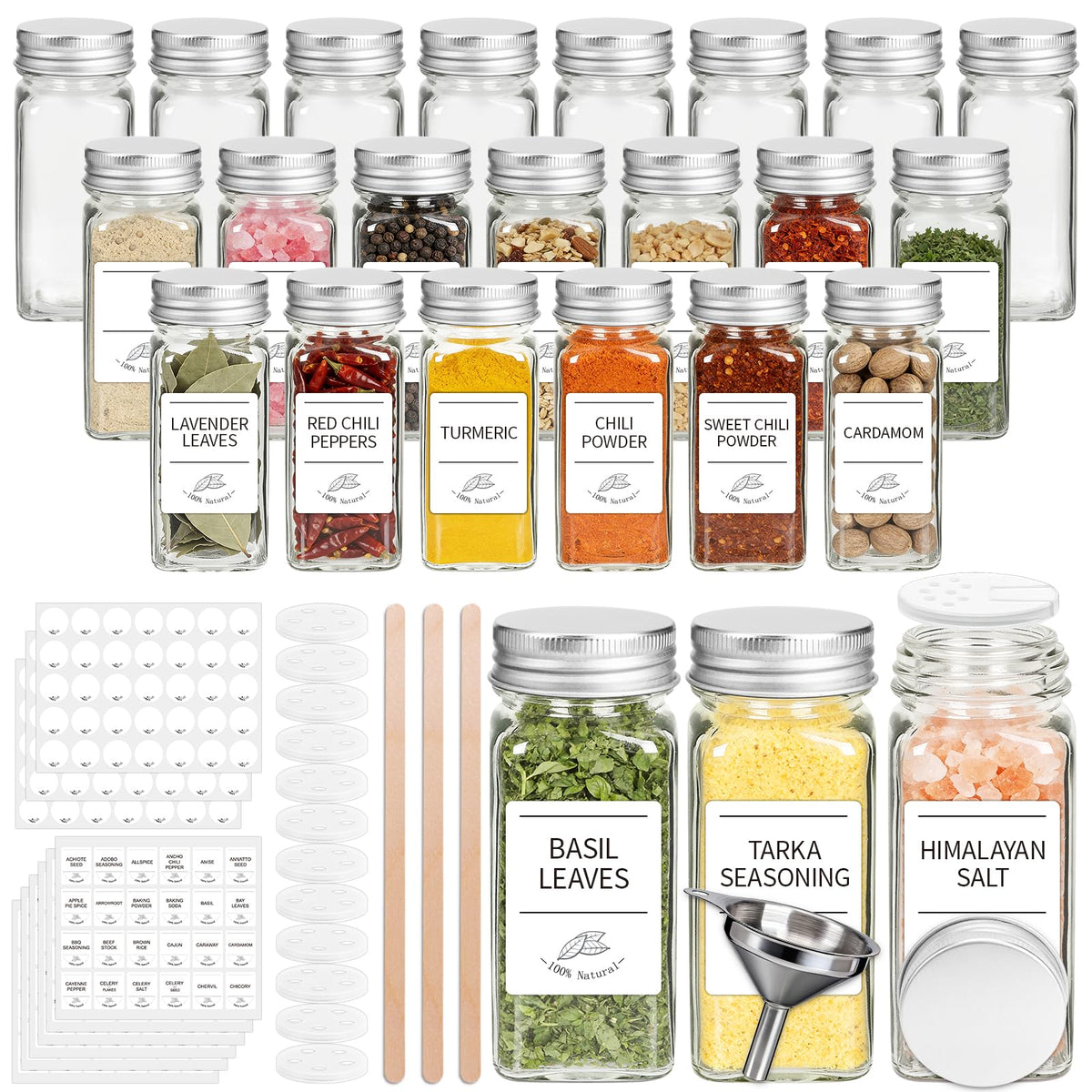 24 Pack Glass Spice Jars with Labels, 4oz Spice Containers with Bamboo Lids