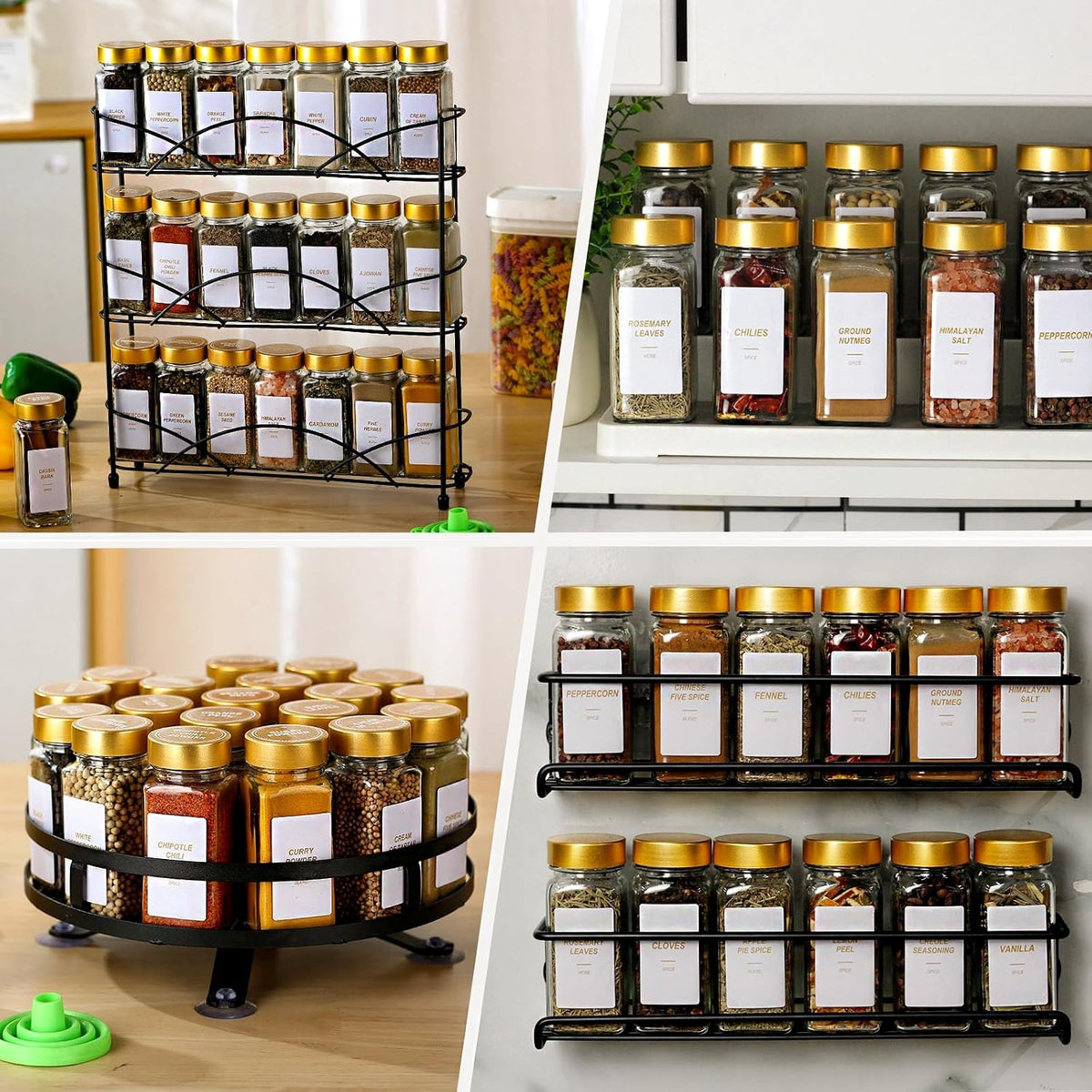 24 Gold Spice Jars with Labels, 4oz Seasoning Jars for Cabinets, Drawers