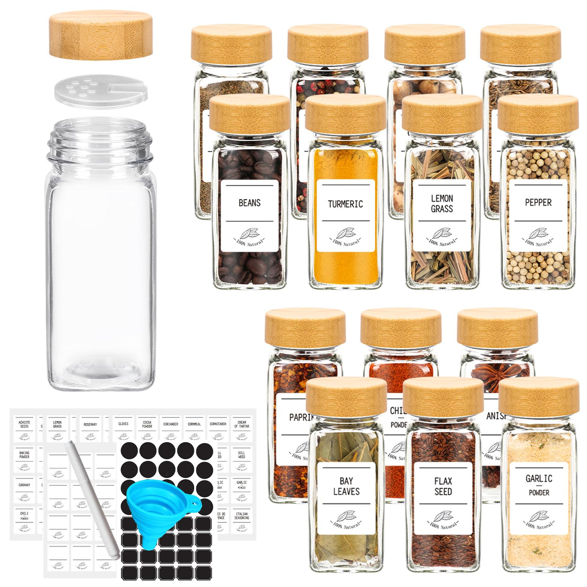 16 Pack 6 oz Glass Spice Jars with Bamboo Lids and Spice Labels