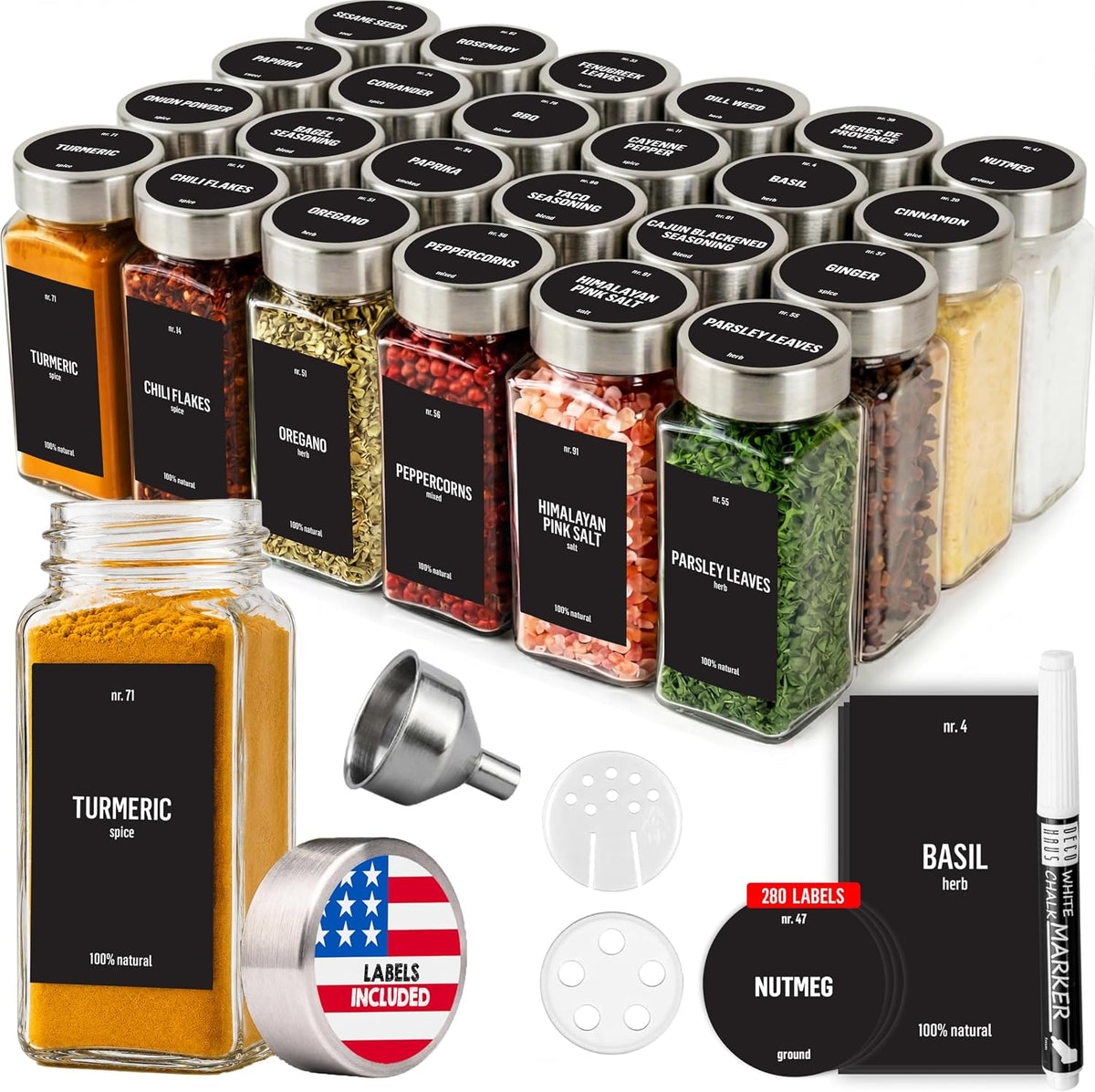 Deco haus Glass Spice Jars with Label 24x4oz - Spice Containers +280 Labels