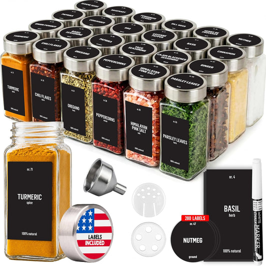 Deco haus Glass Spice Jars with Label 24x4oz - Spice Containers +280 Labels