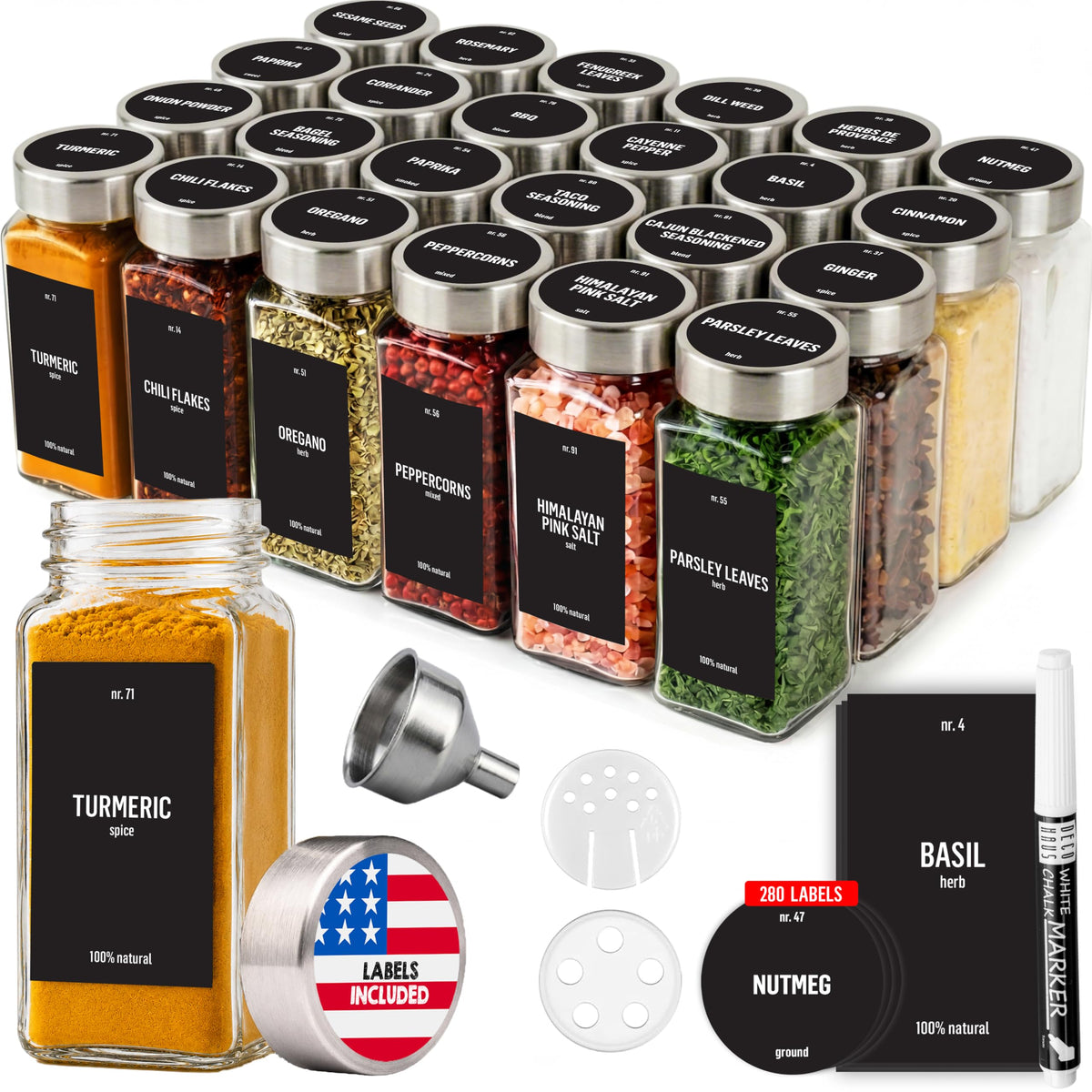 Deco haus Glass Spice Jars with Label 24x4oz - Spice Containers +280 Labels