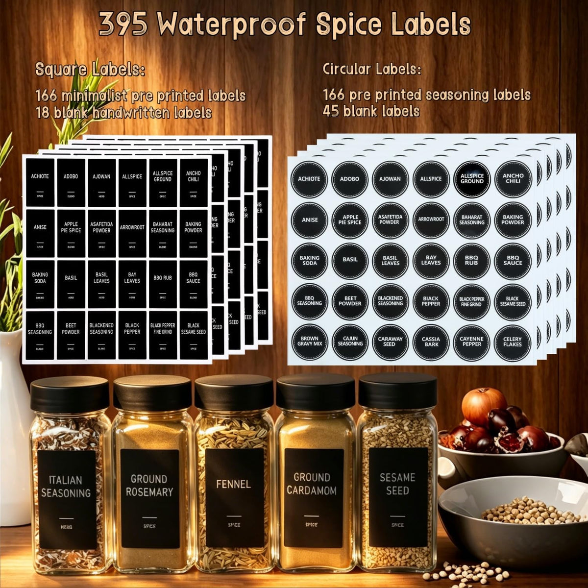 24 Spice Jars with Label, Glass Spice Bottles With Shaker Lids