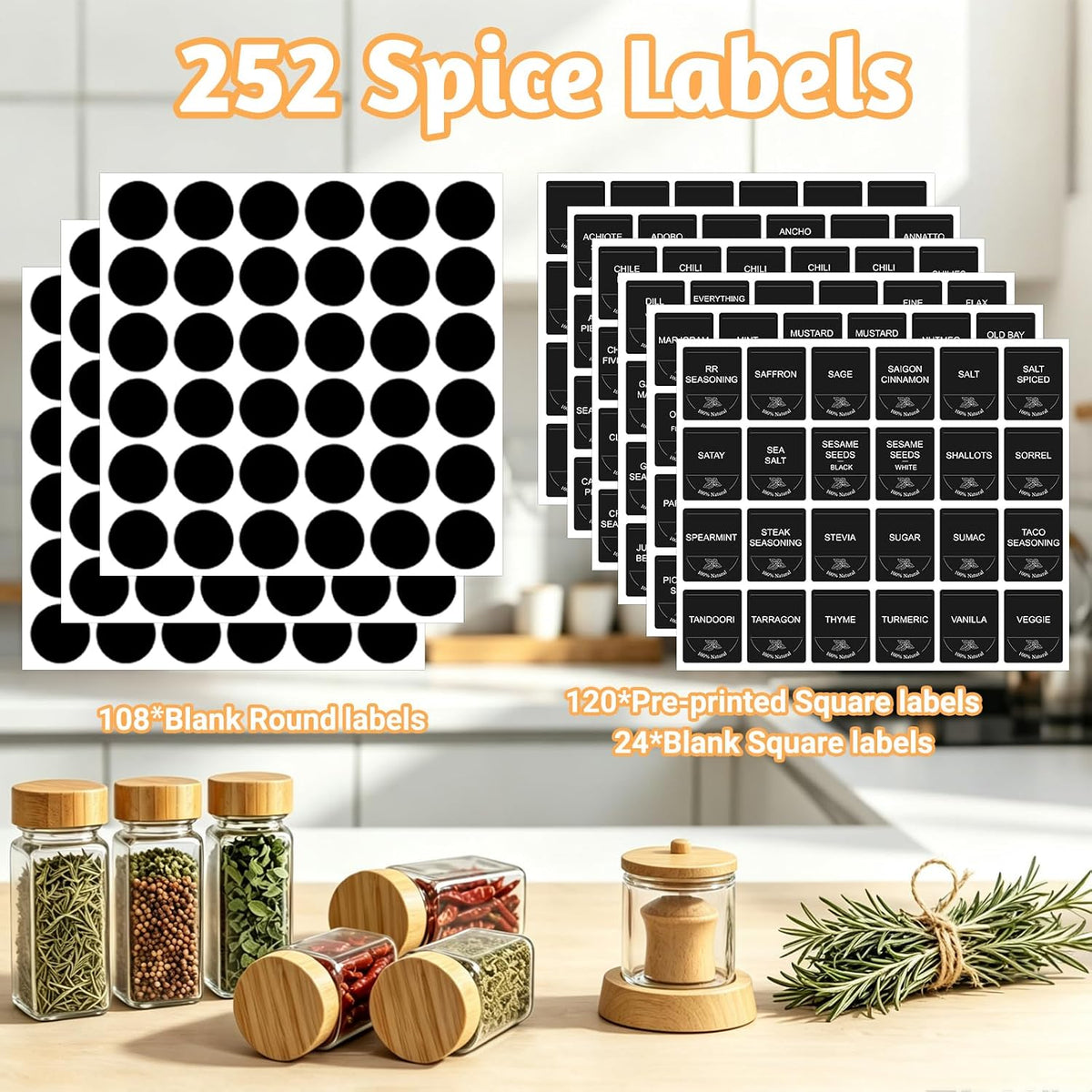 24 Pack Glass Spice Jars with Labels, 4oz Spice Containers with Bamboo Lids