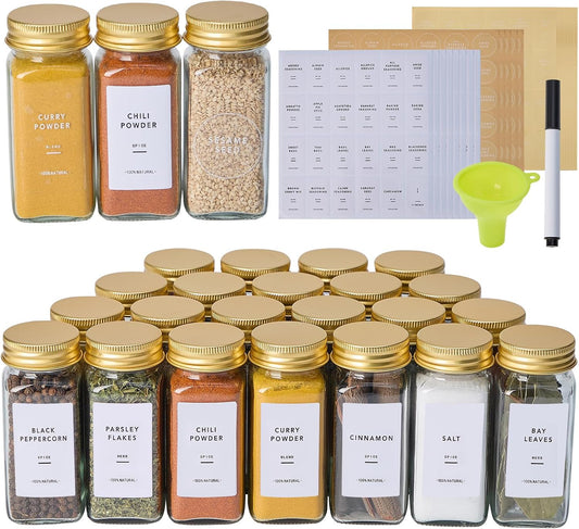 24 Pcs Glass Spice Jars with Labels, Seasoning Bottles with Gold Metal Caps