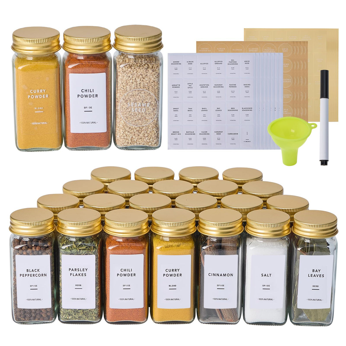 24 Pcs Glass Spice Jars with Labels, Seasoning Bottles with Gold Metal Caps