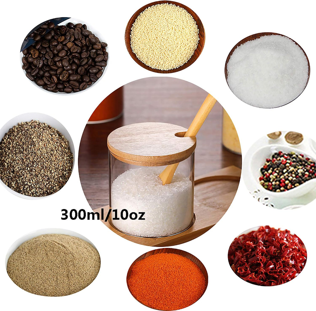Glass Condiment Canister Pots Set, Salt Sugar Spice Storage, 10oz, 3 PCS