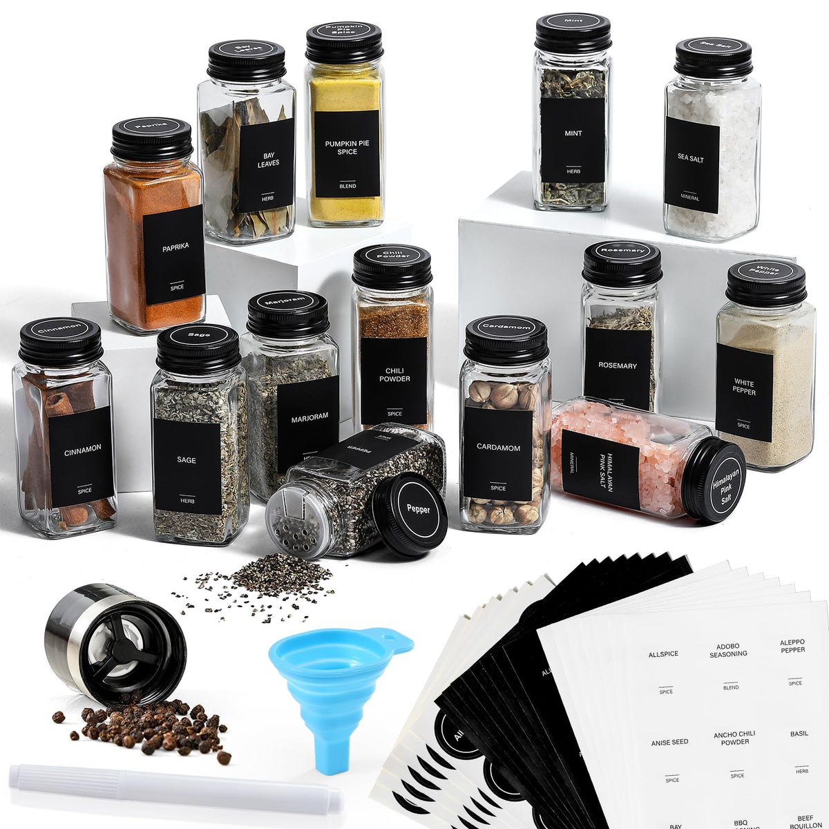AOZITA 14 Pcs Glass Spice Jars with Spice Labels - 8oz Empty Square Spice Bottles - Shaker Lids and Airtight Metal Caps - Chalk Marker and Silicone Collapsible Funnel Included