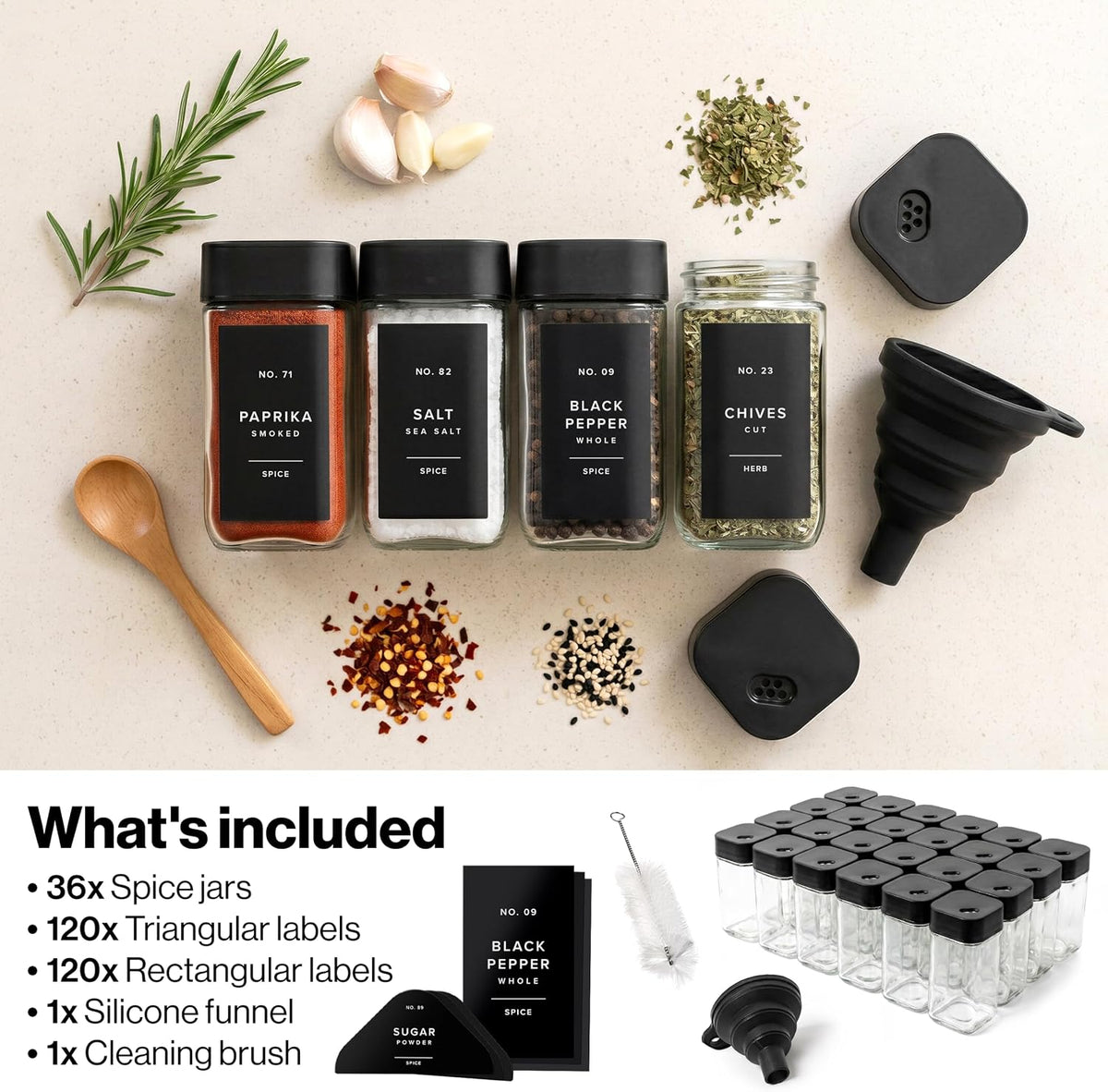 Glass Square Spice Jars with Label, Seasoning Set, 36x Black Sprinkle Lids