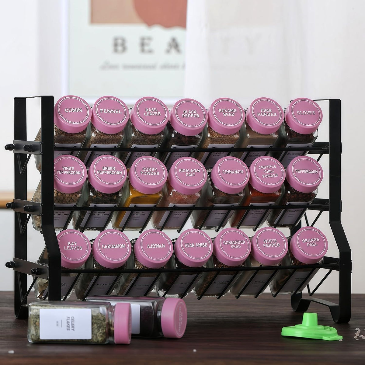 24 Spice Jars with Labels, 4oz Seasoning Jars for Cabinets, Drawers, Racks