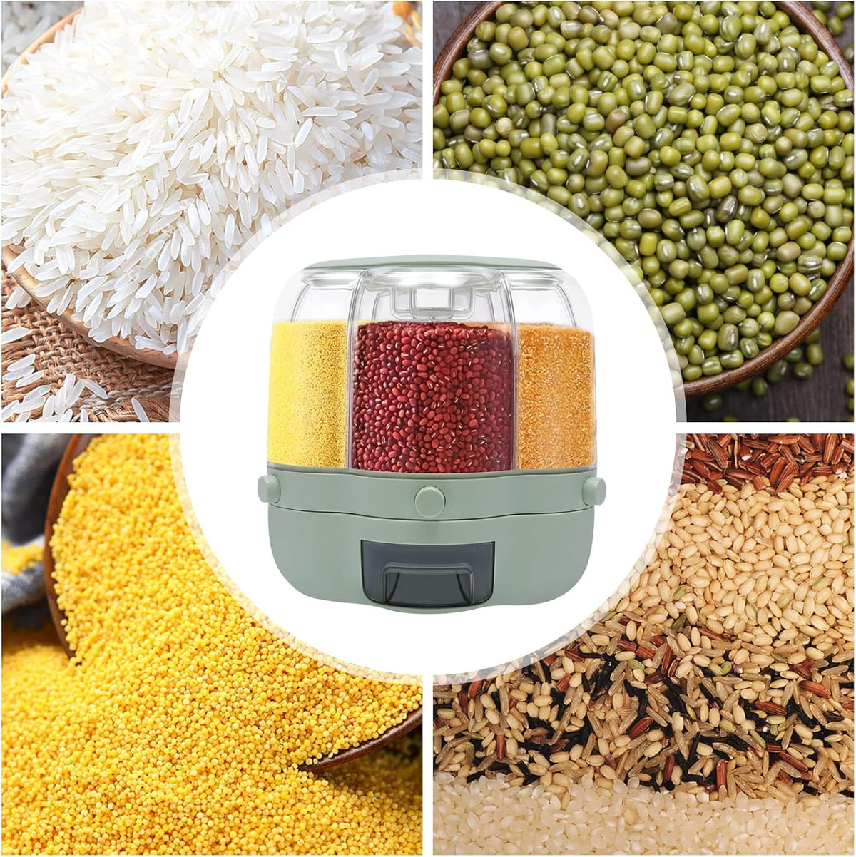 6 Grids Rice & Grain Storage Container Rice Dispenser 360° Rotating Food Dispenser Grain Dispenser One-Button Pressing Storage Bucket for Grains Snacks Candy Coffee Beans Dog